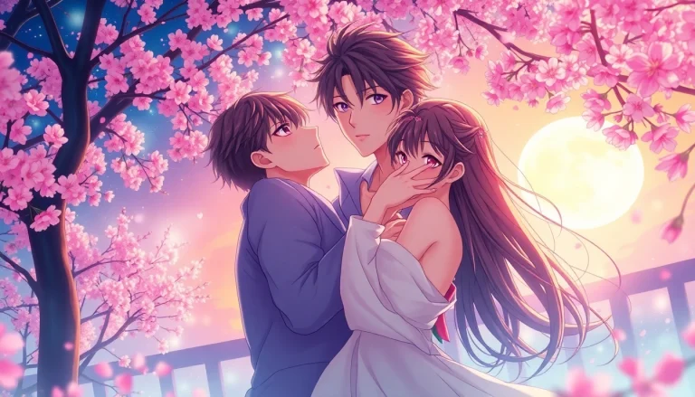 Anime sex scene illustration featuring romantic embrace under moonlight with cherry blossoms.