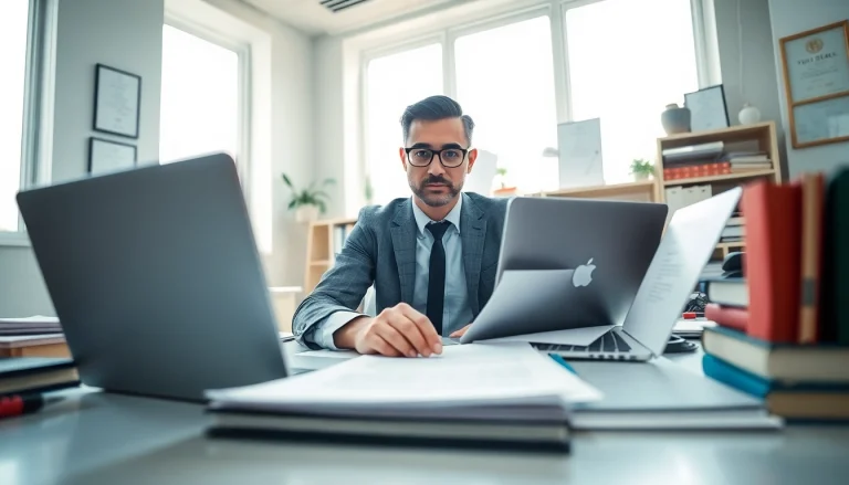 Espace de travail professionnel d'un traducteur juré avec des documents et des ordinateurs portables.