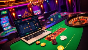 Casino en ligne Bitcoin gaming scene with vibrant poker table and digital transactions.