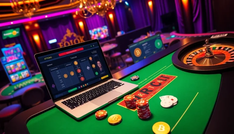 Casino en ligne Bitcoin gaming scene with vibrant poker table and digital transactions.