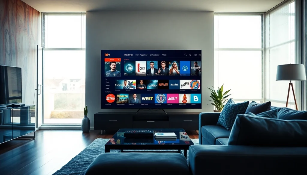 Iron TV Pro interface displayed on a Smart TV in a modern living room setting, showcasing vibrant entertainment options.