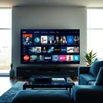 Iron TV Pro interface displayed on a Smart TV in a modern living room setting, showcasing vibrant entertainment options.