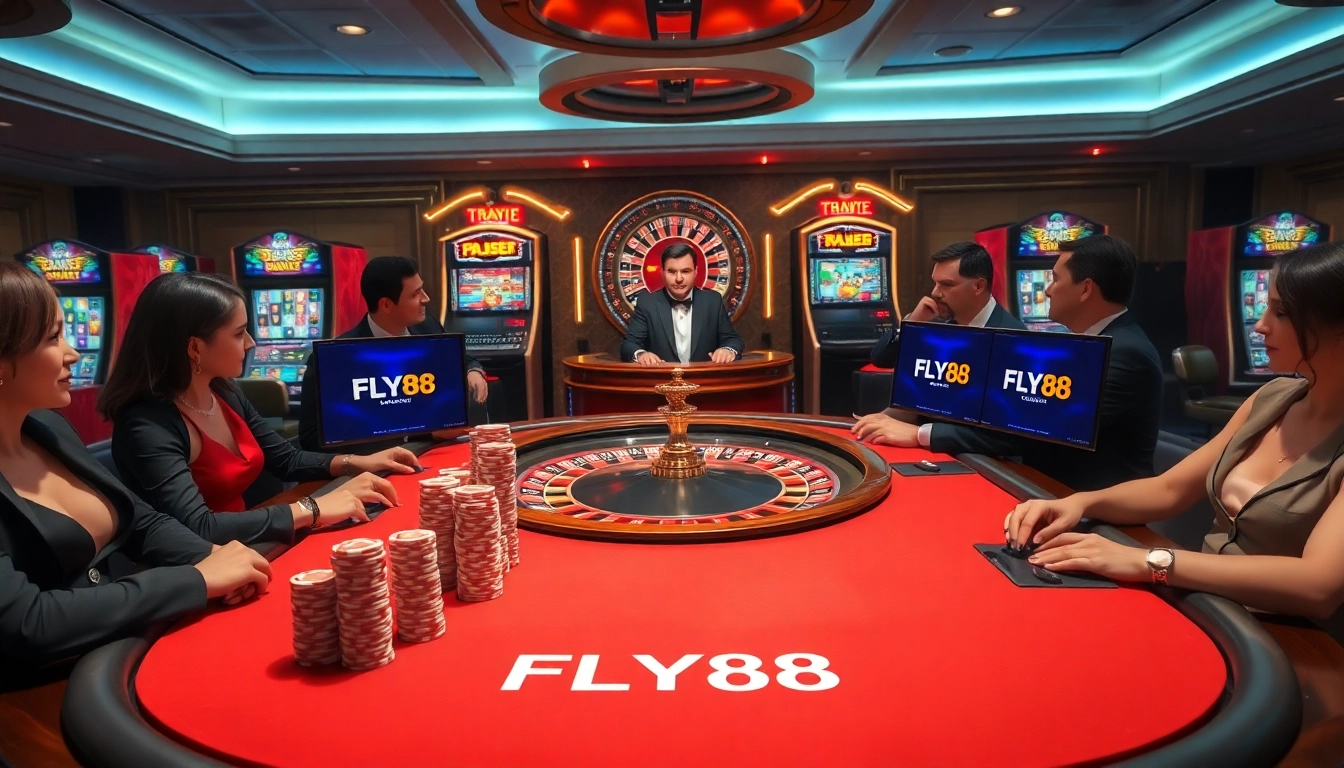 Experience the thrill at FLY88 casino with an inviting poker table and lively players.