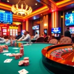 Players thrillingly wager at the u888 poker table, showcasing vibrant chips and cards.