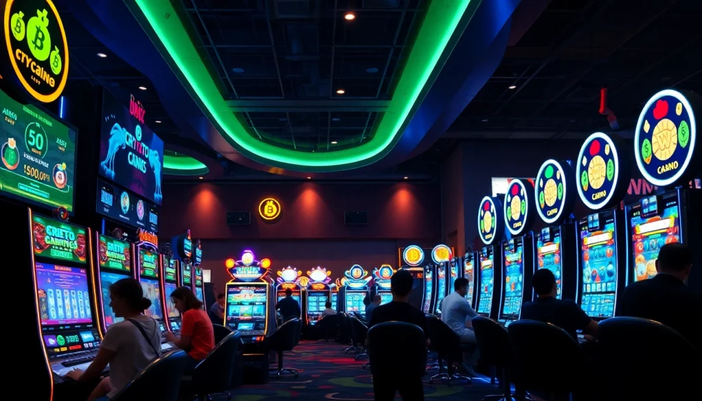 Joueurs engagés dans des crypto casinos avec des jeux numériques colorés et des lumières vives.