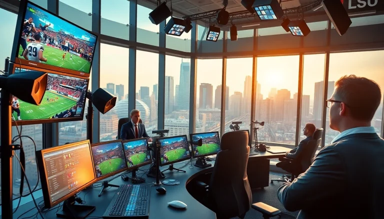 Engaging sports broadcasting studio with dynamic live feeds and professional hosts.