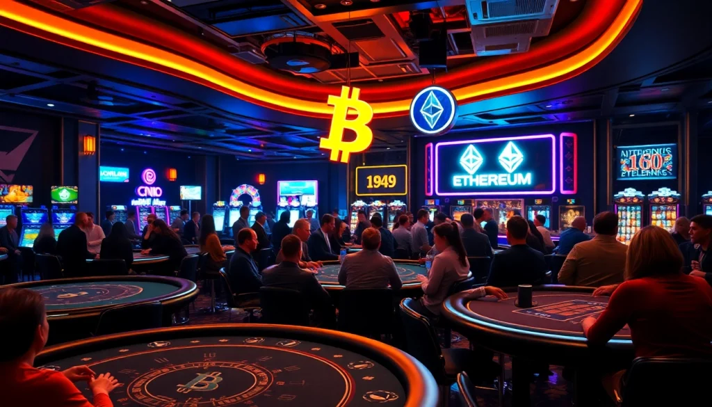 Joueurs appréciant des jeux dans des crypto casinos avec des lumières vives et une ambiance animée.