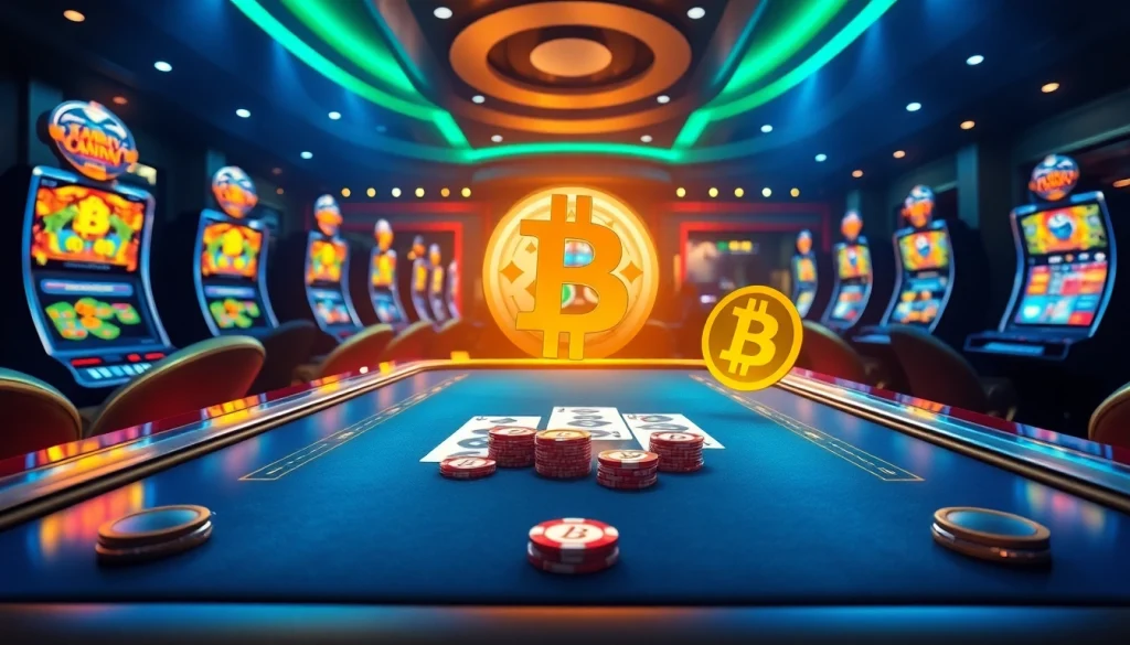 Scène captivante d'un casino en ligne Bitcoin luxueux présentant des tables de jeu virtuelles et des machines à sous.