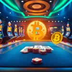 Scène captivante d'un casino en ligne Bitcoin luxueux présentant des tables de jeu virtuelles et des machines à sous.