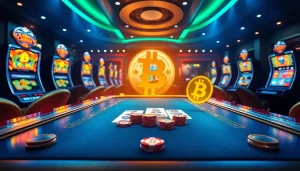 Scène captivante d'un casino en ligne Bitcoin luxueux présentant des tables de jeu virtuelles et des machines à sous.