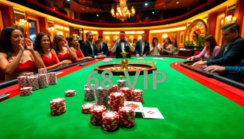 Gamblers enjoying a thrilling moment at 68VIP casino table with high-stakes poker chips and cards.