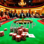 Gamblers enjoying a thrilling moment at 68VIP casino table with high-stakes poker chips and cards.