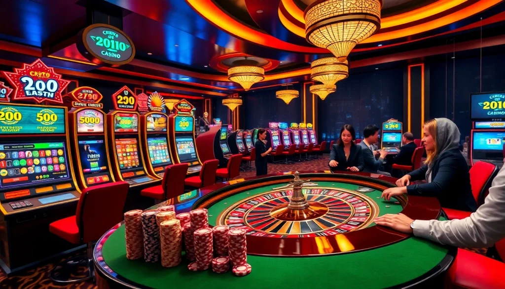 Scène excitante des meilleurs casinos crypto présentant des machines à sous vibrantes et une table de roulette.