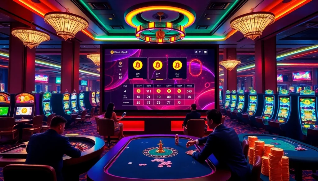 Experience the thrill of a crypto online casino, featuring vibrant slot machines and poker action.