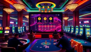 Experience the thrill of a crypto online casino, featuring vibrant slot machines and poker action.