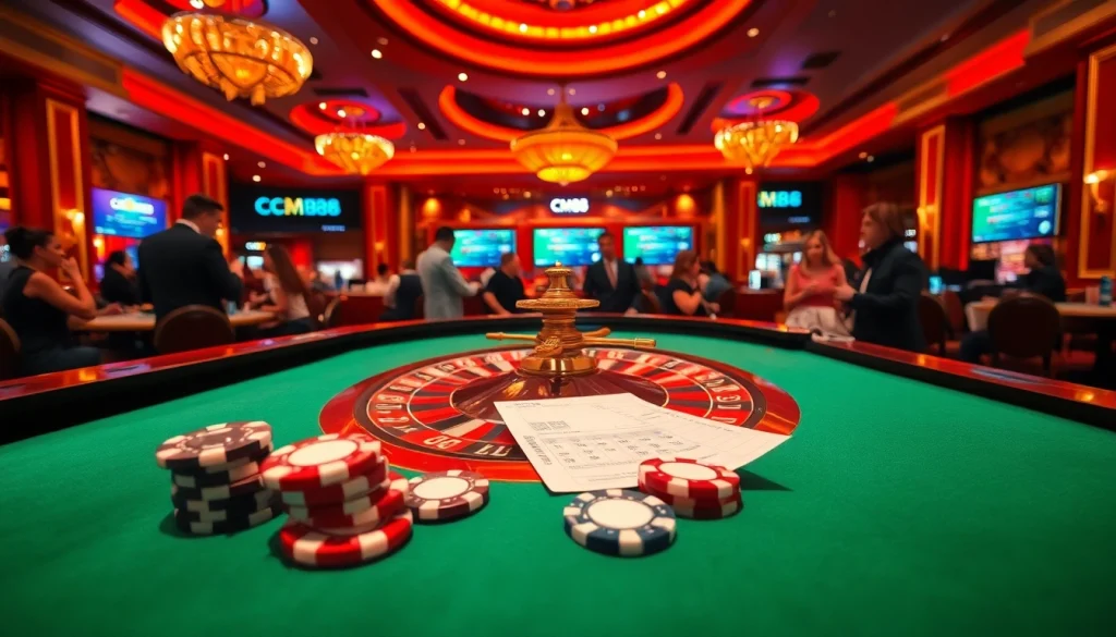 Experience the thrill of CM88 at a luxurious casino with vibrant gaming tables.