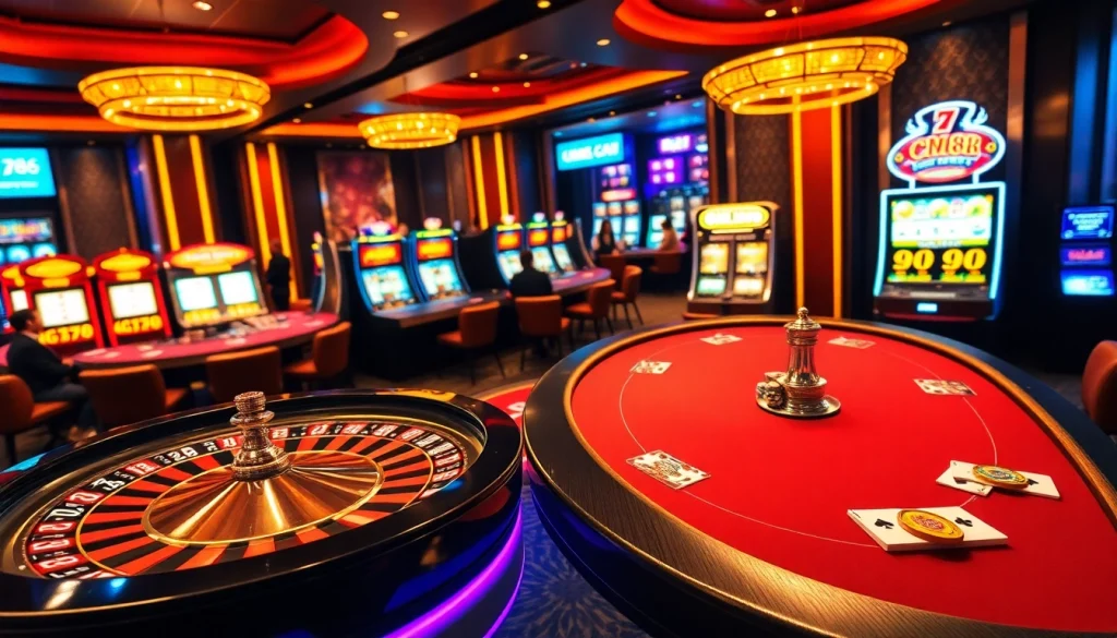 Excited gamblers placing bets at CM88's vibrant casino tables filled with chips and cards.