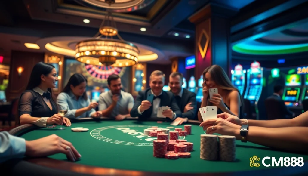 Experience the excitement of CM88 at a polished poker table in a glamorous casino.