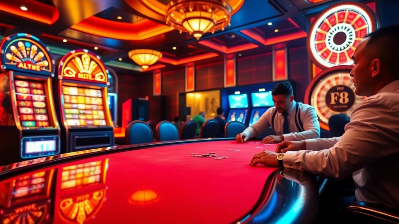 Thrilling casino atmosphere featuring F8 BET with poker players, slot machines, and a glowing roulette wheel.