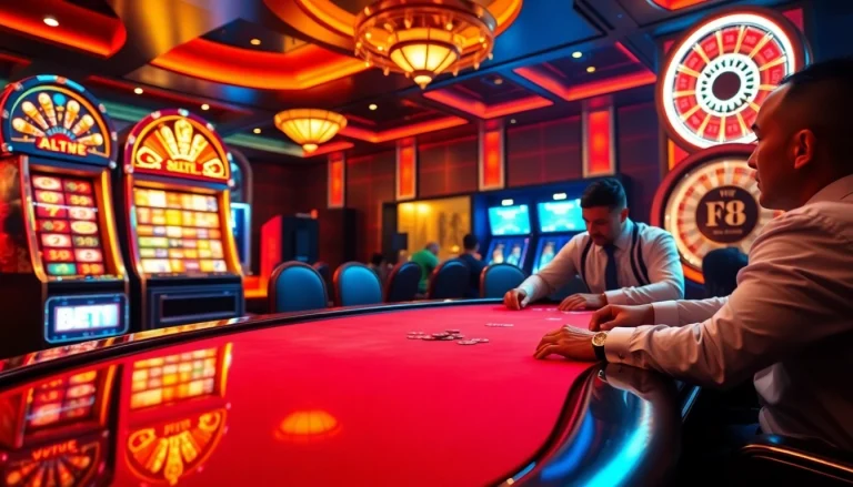 Thrilling casino atmosphere featuring F8 BET with poker players, slot machines, and a glowing roulette wheel.